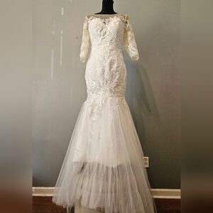 NEW Wedding dress 3/4 sleeve mermaid trumpet illusion neck chiffon lace gown 6 8